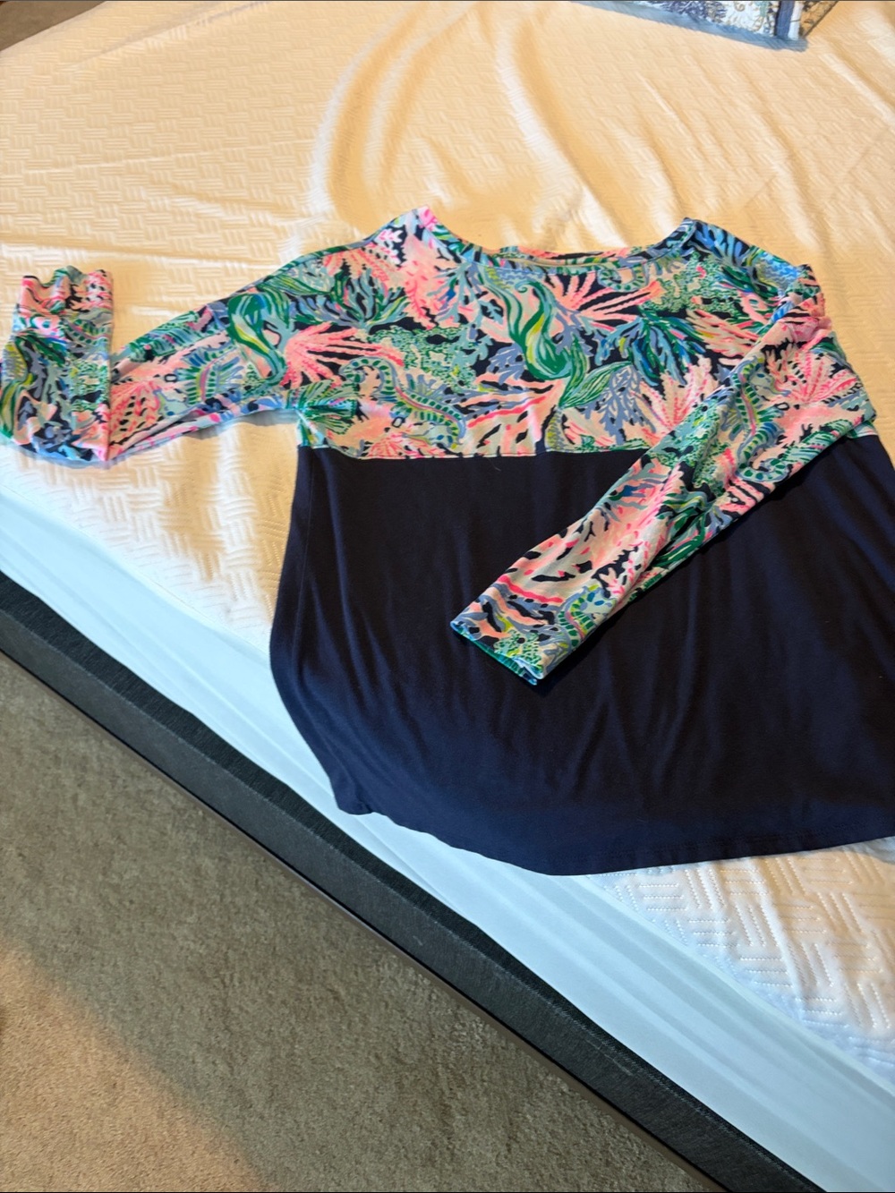 Lilly Pulitzer Navy and Pink Floral Colorblock Long-Sleeve Top